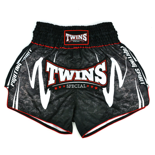Black Twins Special boxing shorts with white and red text on a white background