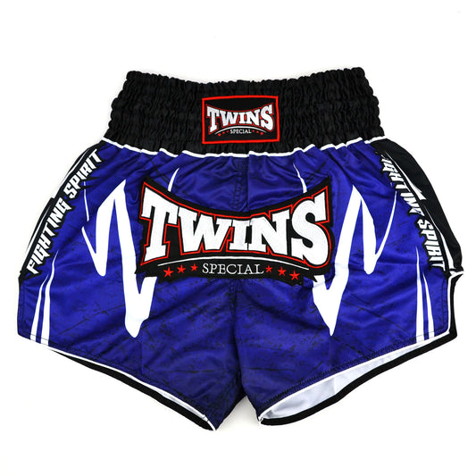 Blue Twins Special boxing shorts with black waistband on a white background