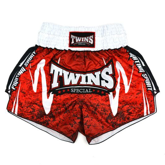 Red and black Twins Special boxing shorts on a white background