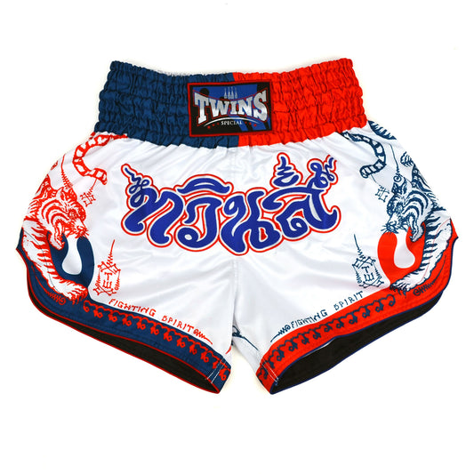 White boxing shorts with red and blue accents featuring Twins Special branding on a white background.