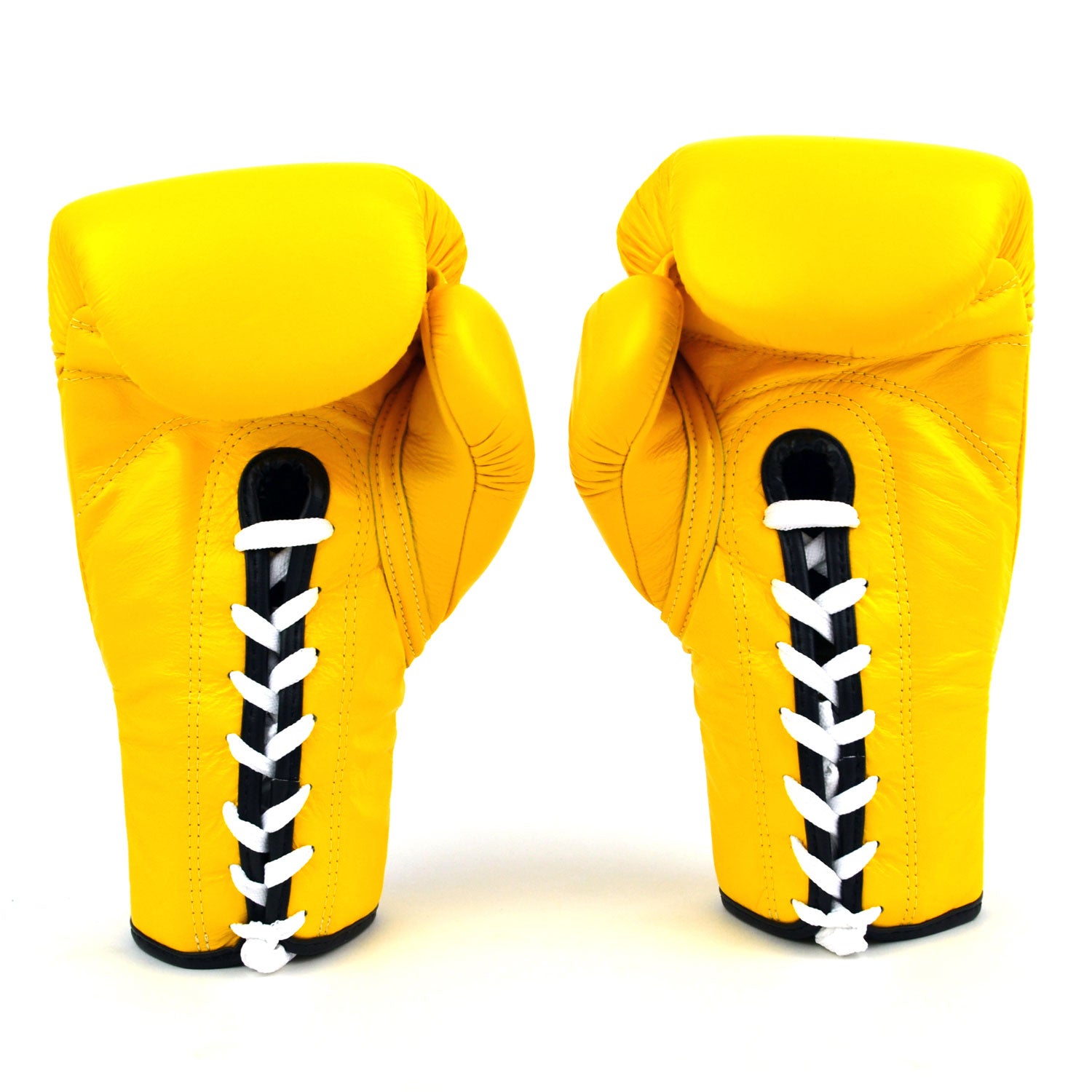 Pair of yellow boxing gloves with black and white laces on a white background