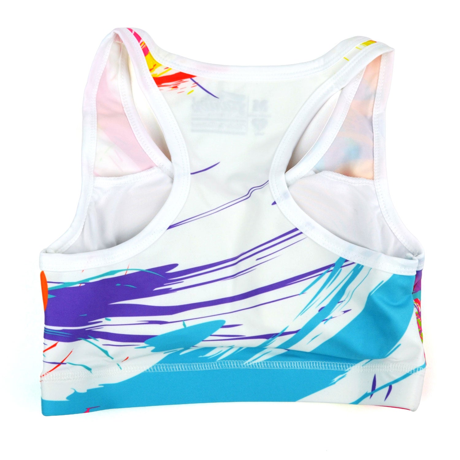 Colorful sports bra with abstract design on a white background