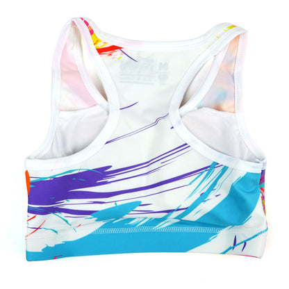 Colorful sports bra with abstract design on a white background