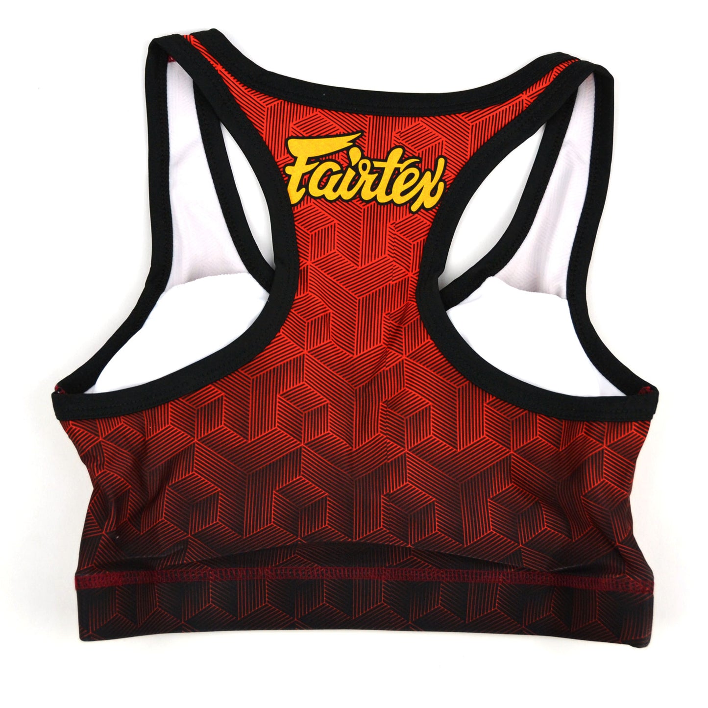 Red sports bra with yellow 'Fairtex' logo on a white background