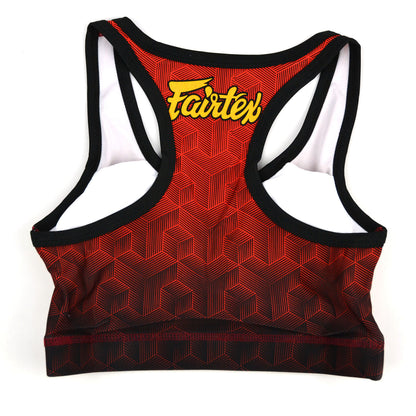 Red sports bra with yellow 'Fairtex' logo on a white background
