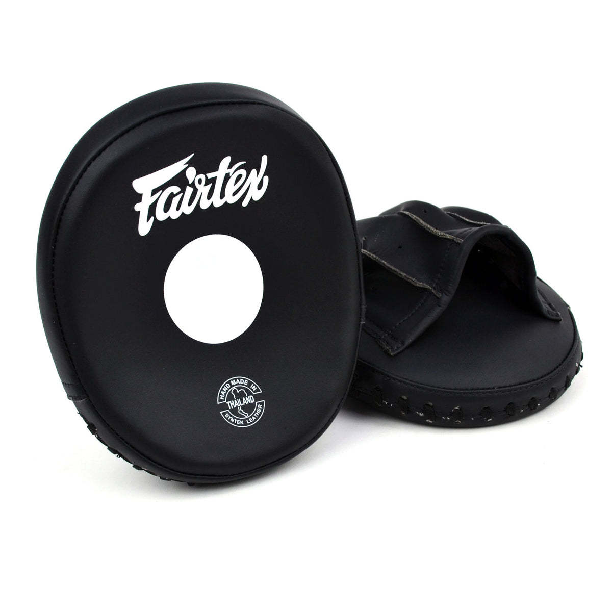 Black Fairtex boxing mitts on a white background