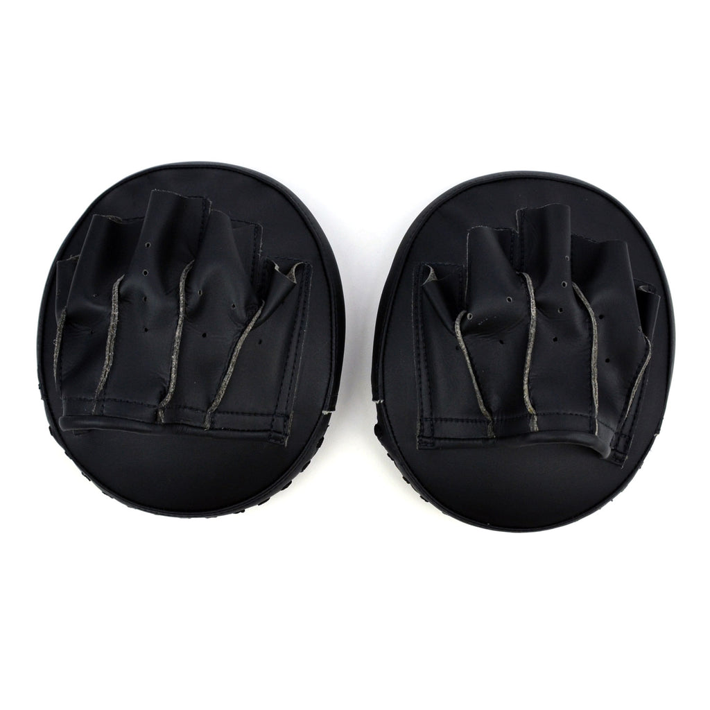 Two black gloves with fingerless design on a white background