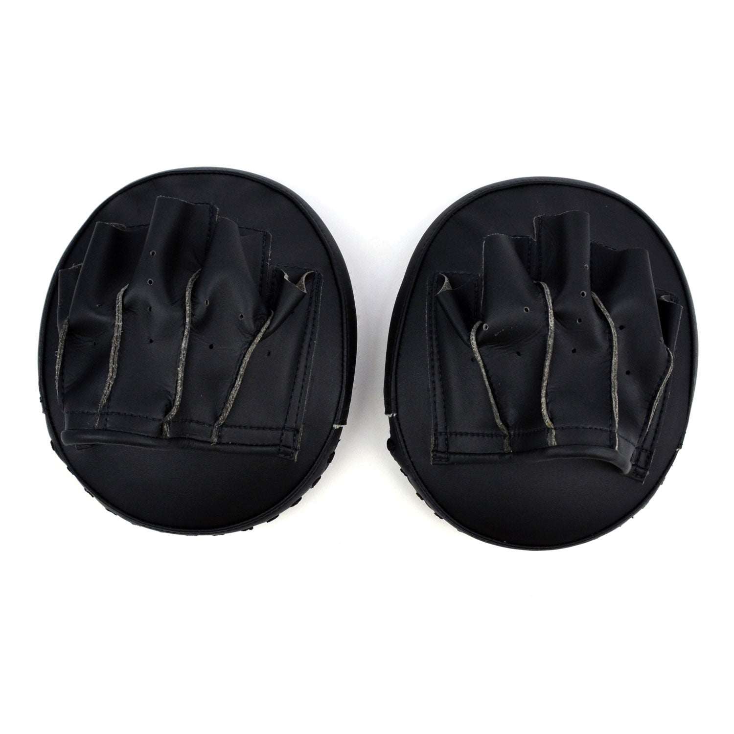 Two black gloves with fingerless design on a white background