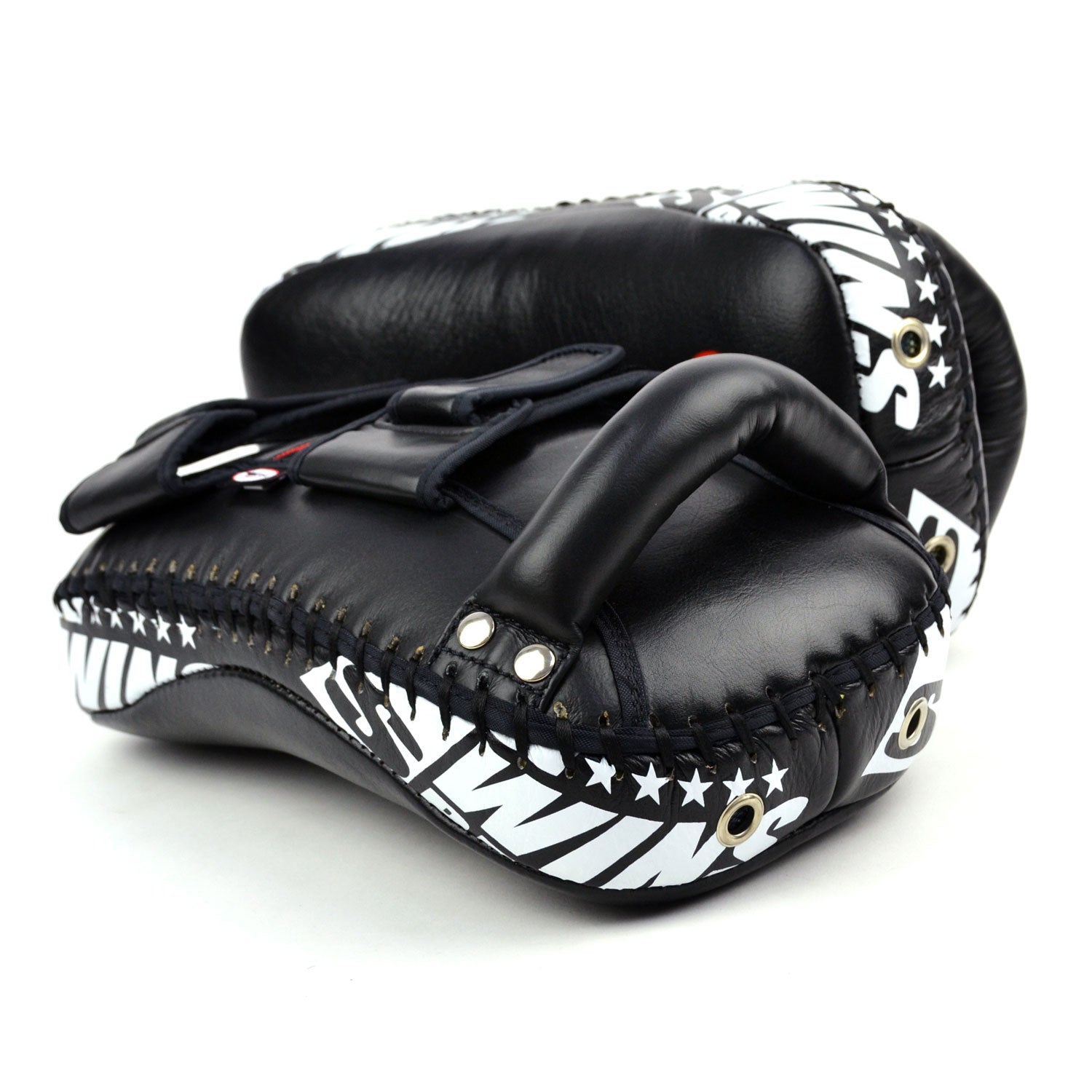 Black kick pads with Twins Special logo on a white background