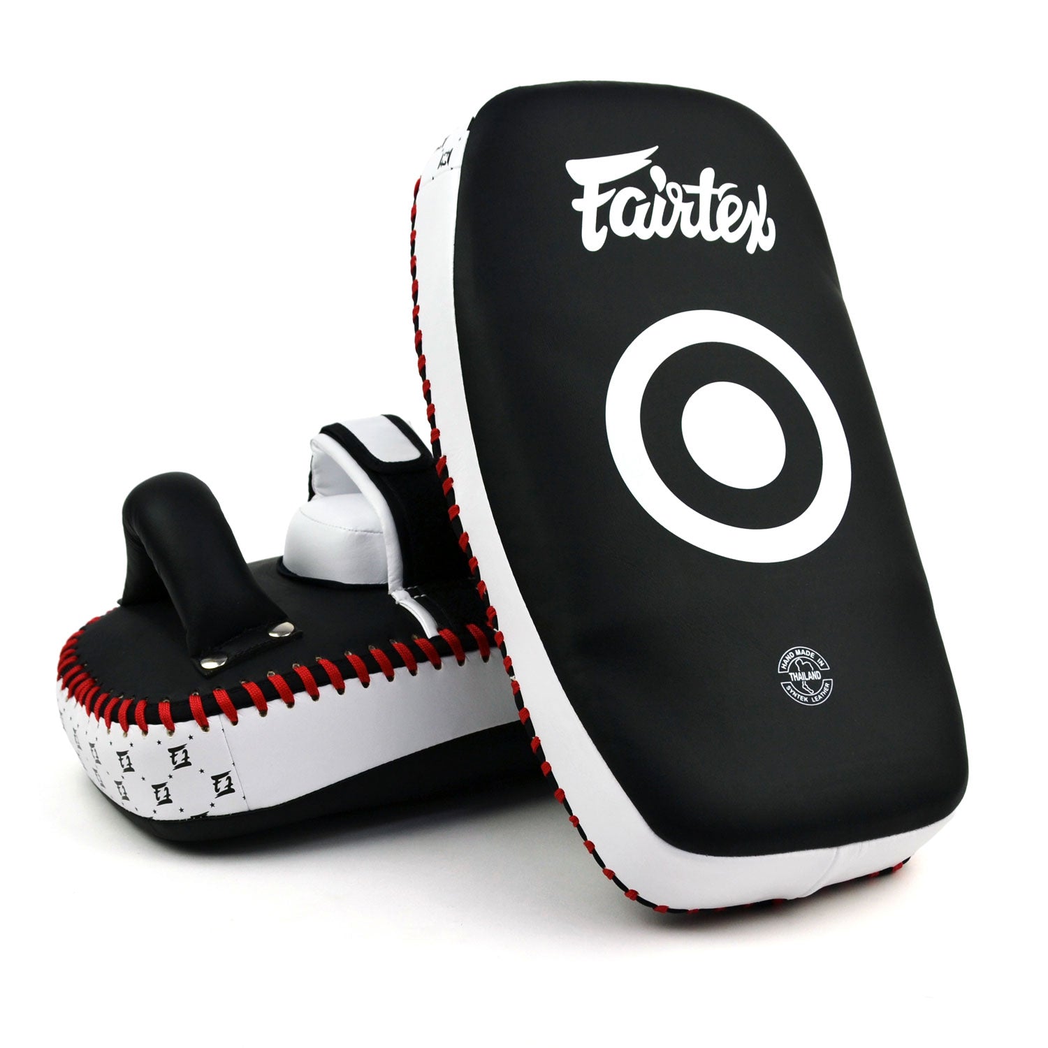 Fairtex kick pads with white and red accents on a white background