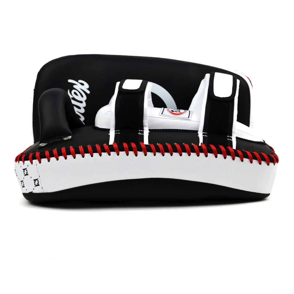 Black and white Fairtex boxing pads with a target design on a white background