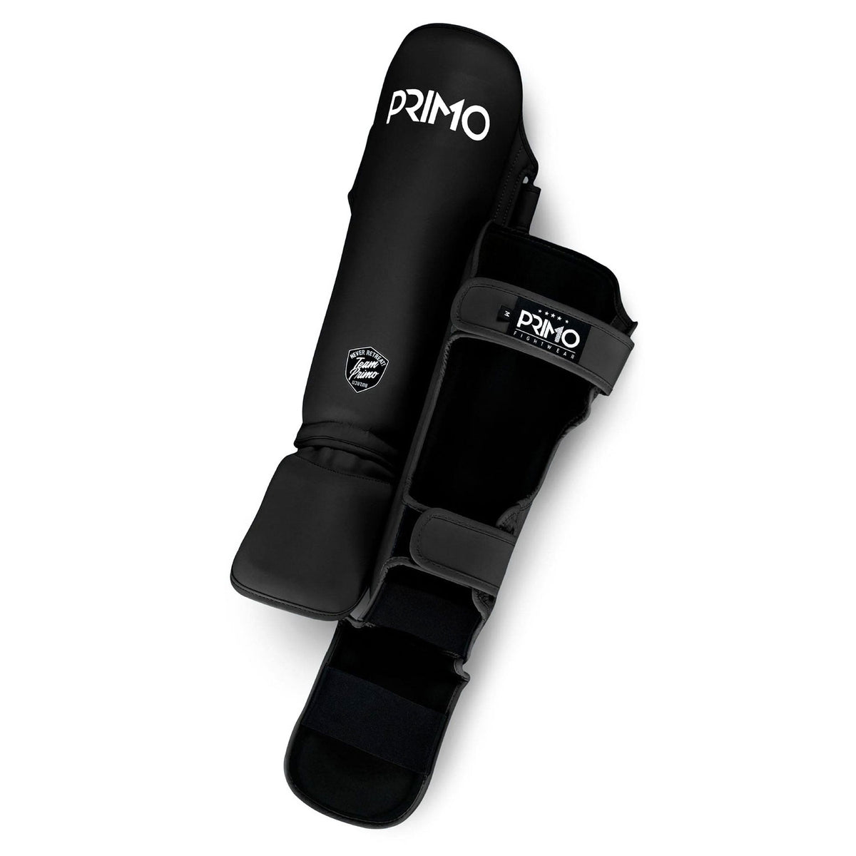 Black shin guards with 'Primo' branding on a white background