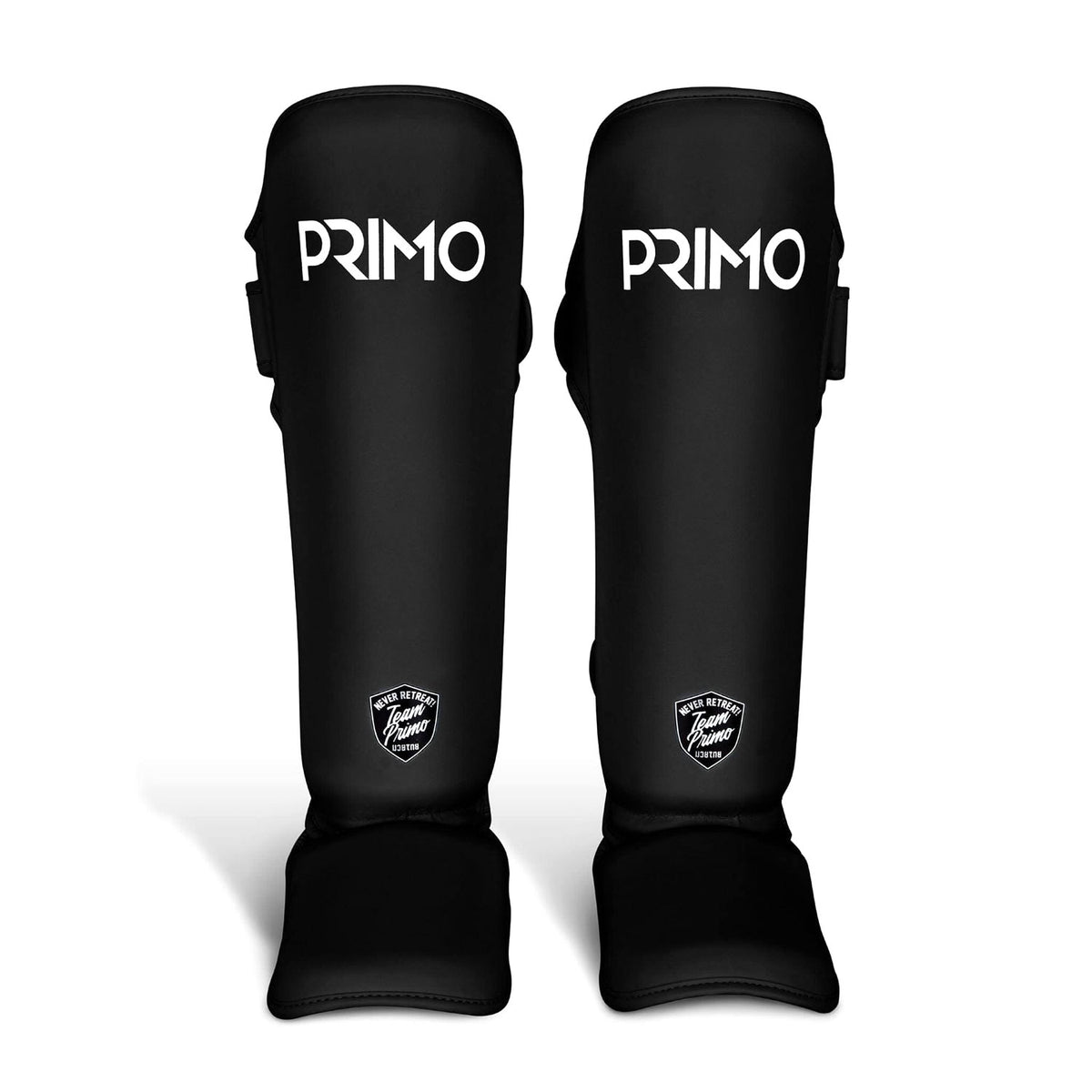 Black shin guards with 'Primo' branding on a light gray background