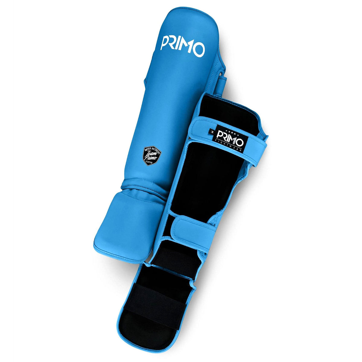 Blue shin guard with 'Primo' branding on a white background