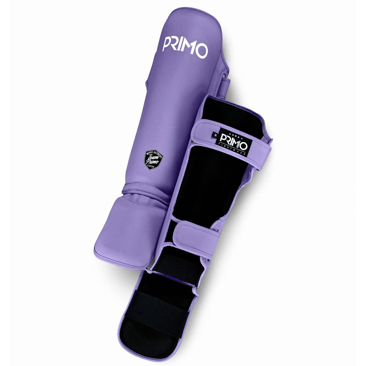 Purple shin guards with 'Primo' branding on a white background