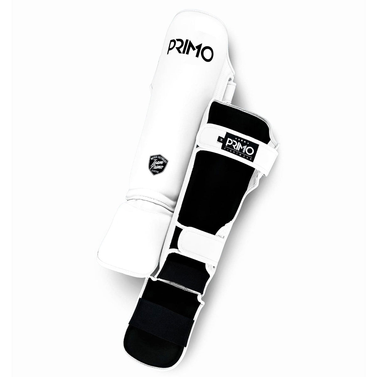 White and black shin guard with 'Primo' branding on a white background
