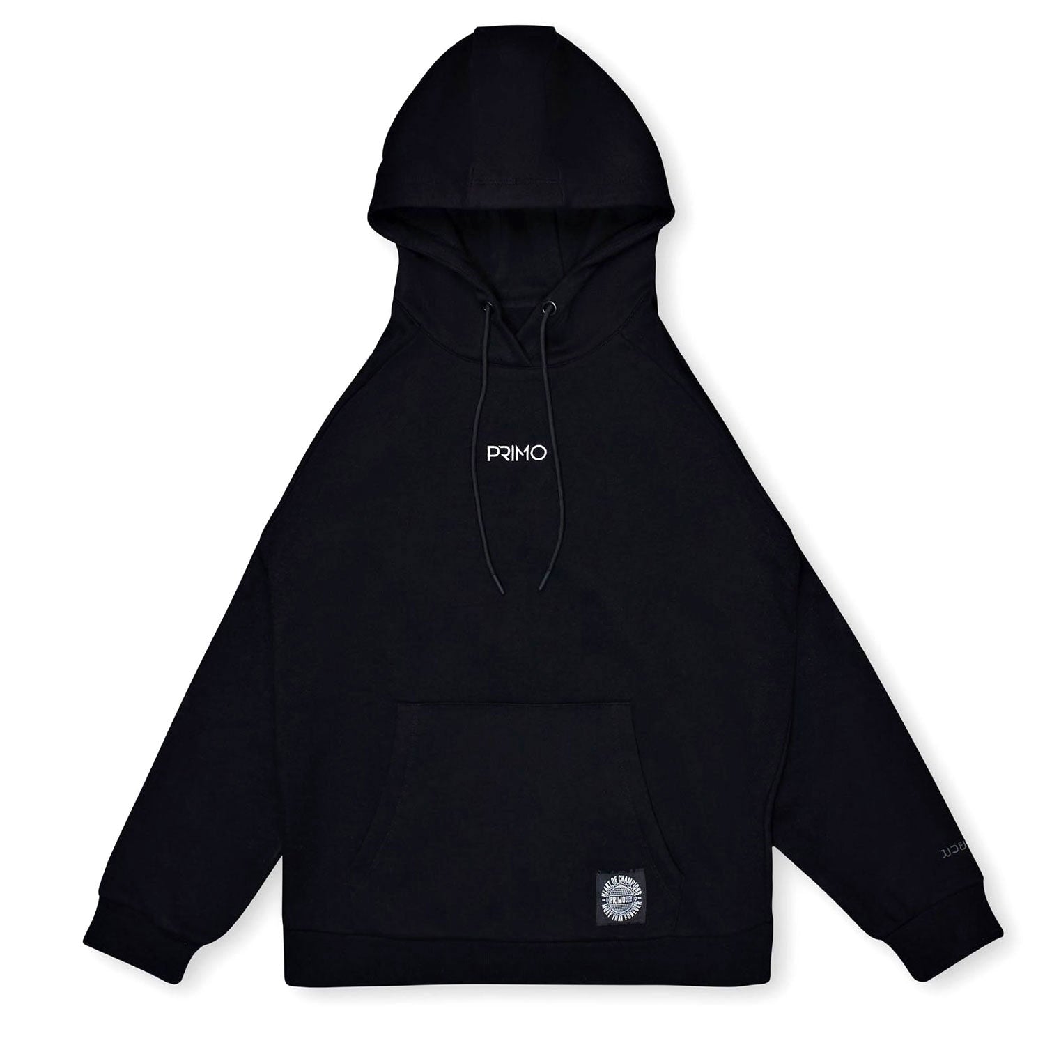 Black hoodie with 'PRIMO' branding on a white background