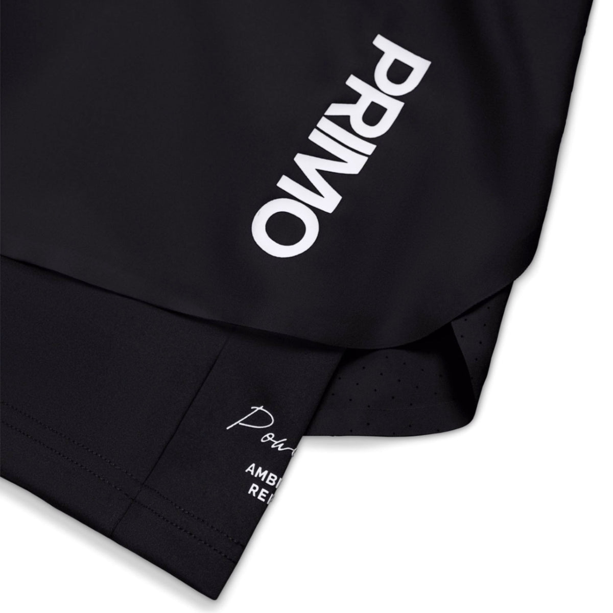 Black shorts with 'PRIMO' branding on a white background
