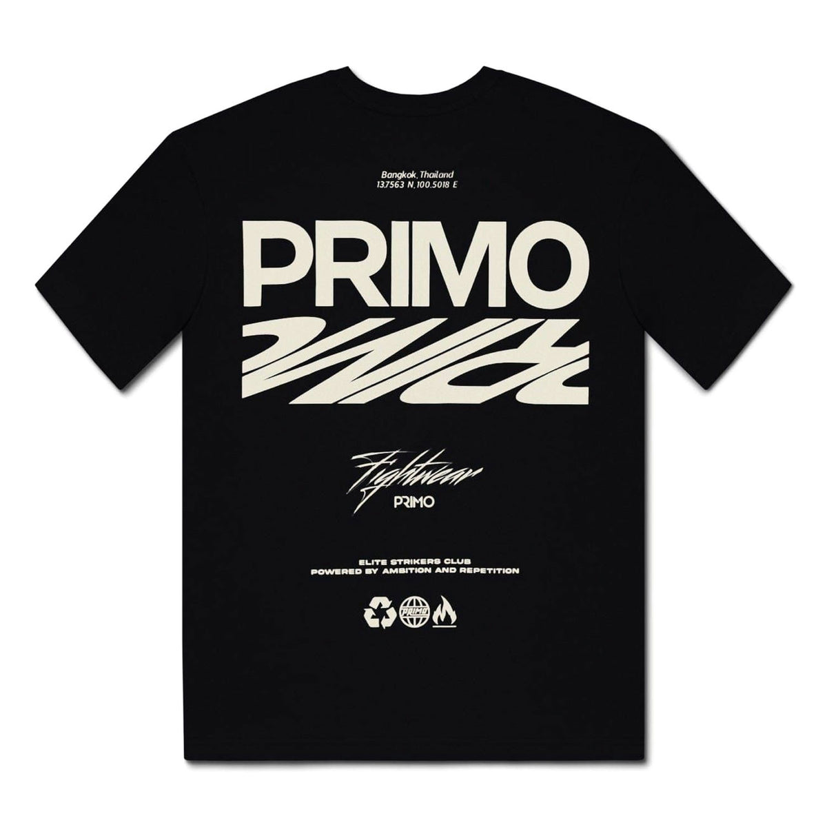 Black t-shirt with 'PRIMO' branding on a white background