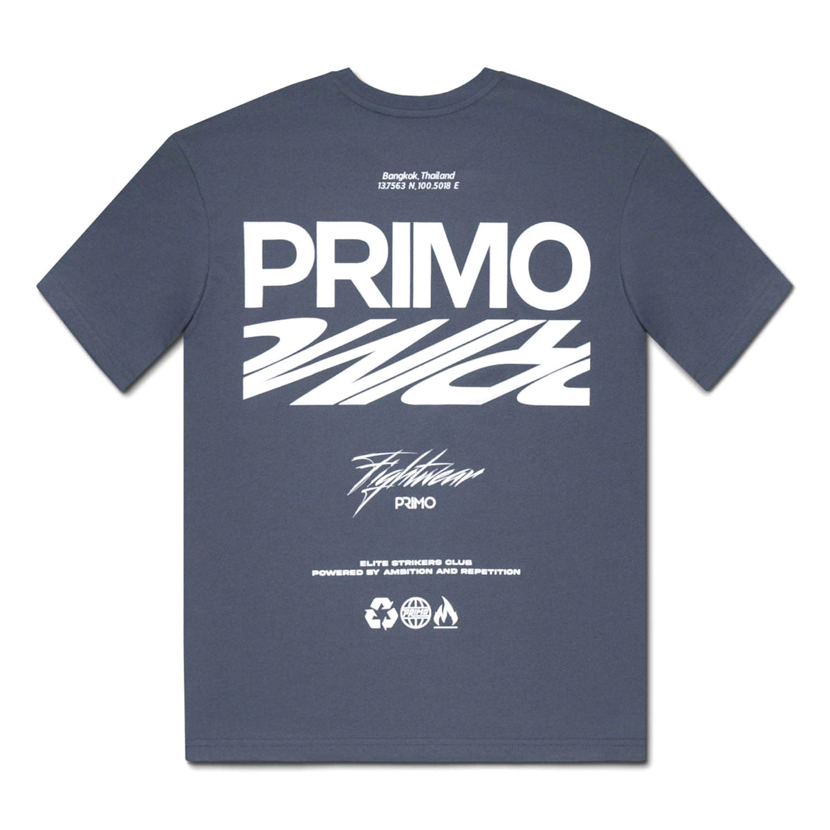 Navy blue t-shirt with white 'PRIMO' text on a white background