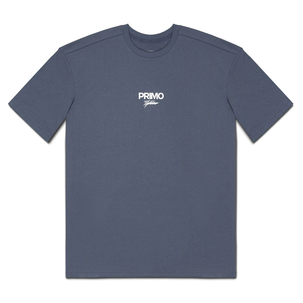 Navy blue t-shirt with 'PRIMO' logo on a light gray background