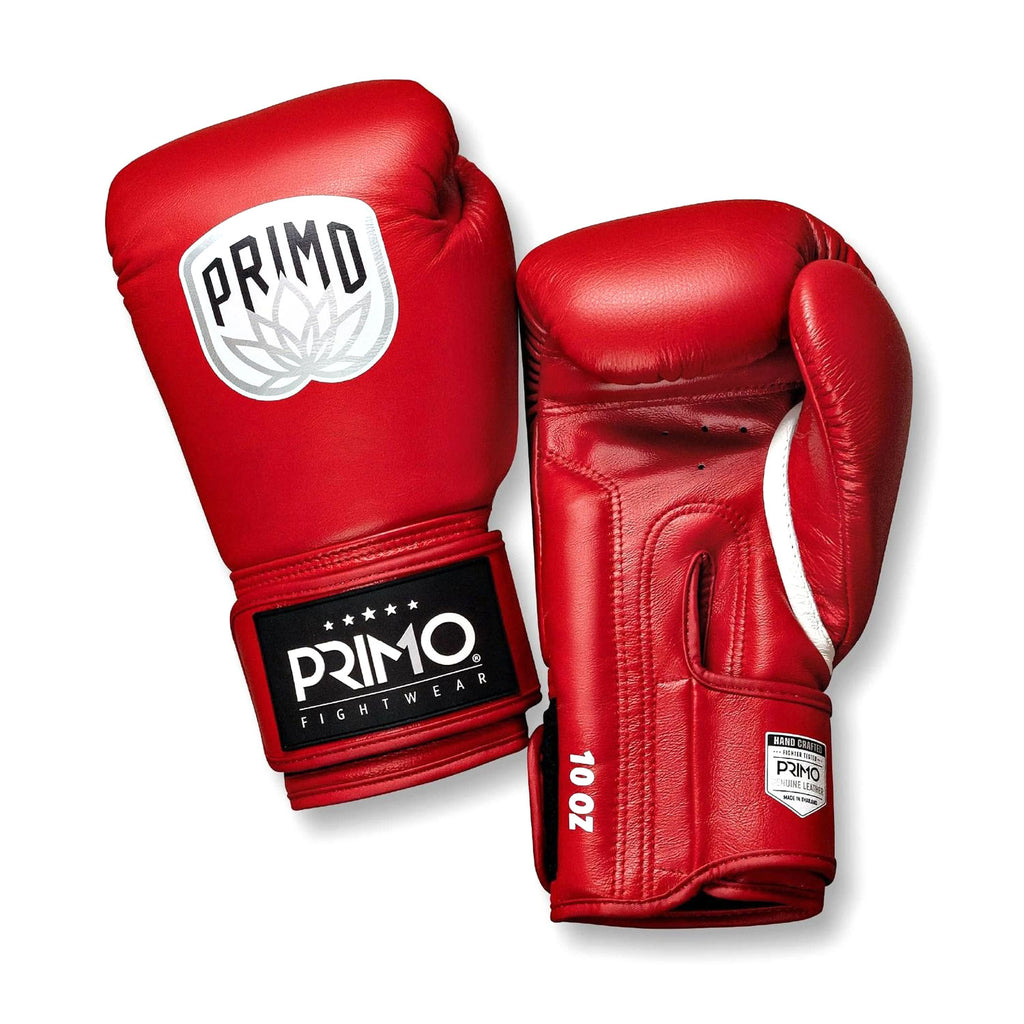 Red boxing gloves with 'Primo Fightwear' branding on a white background