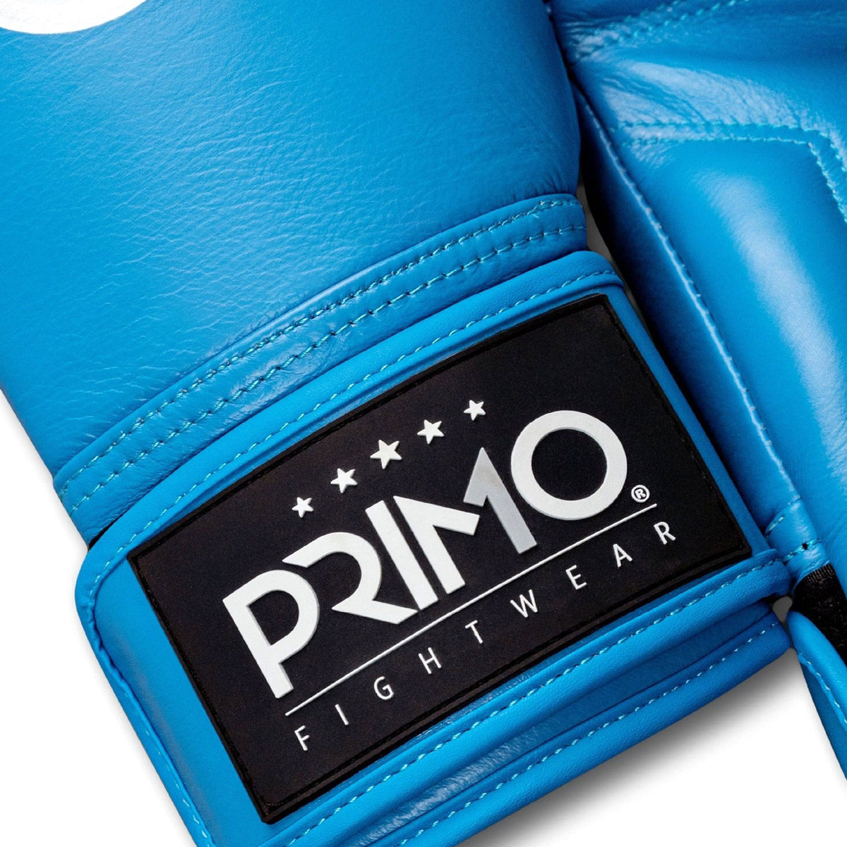 Blue boxing glove with Primo Fightwear logo on a white background