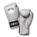 Gray boxing gloves with Primo Fightwear logo on a white background