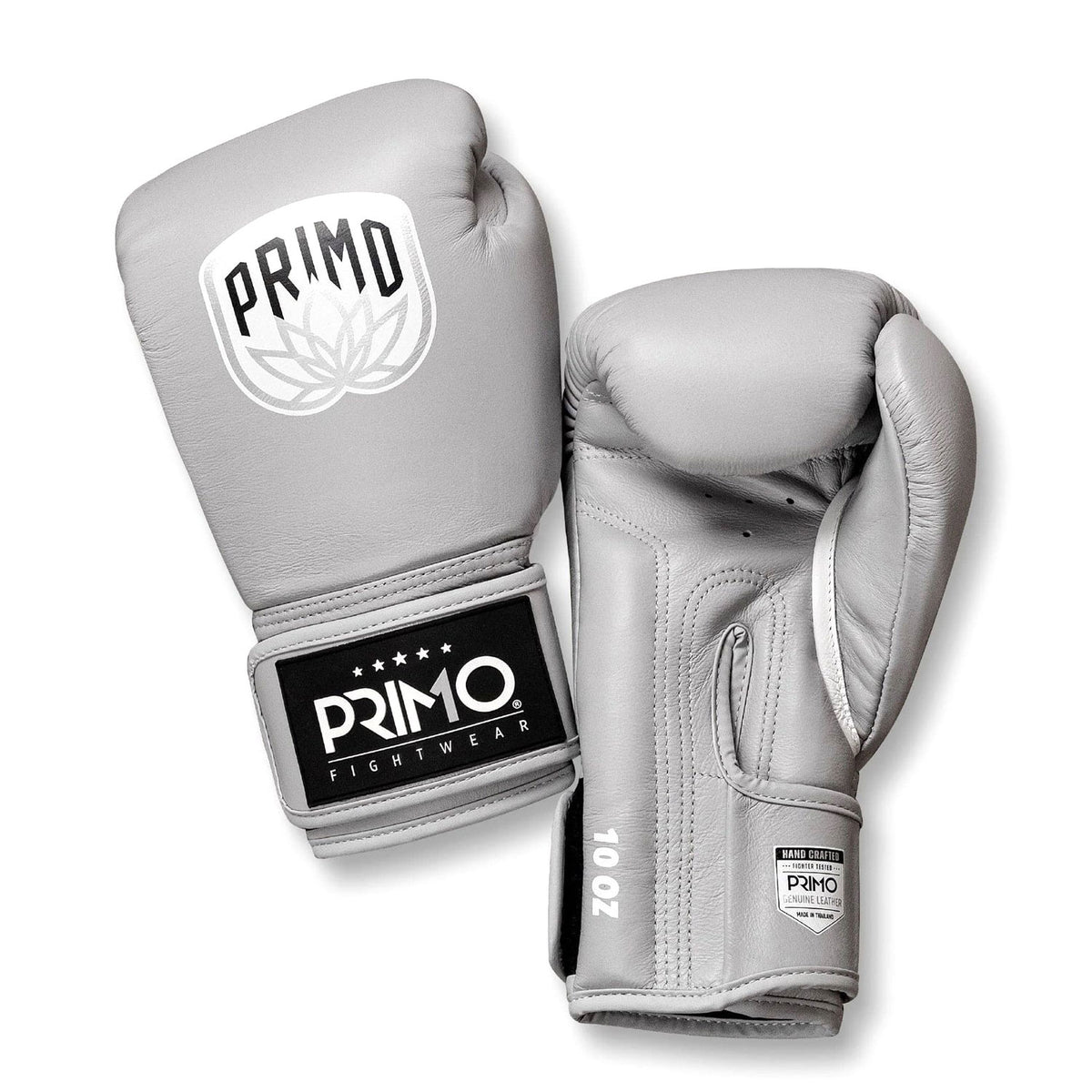 Gray boxing gloves with Primo Fightwear logo on a white background