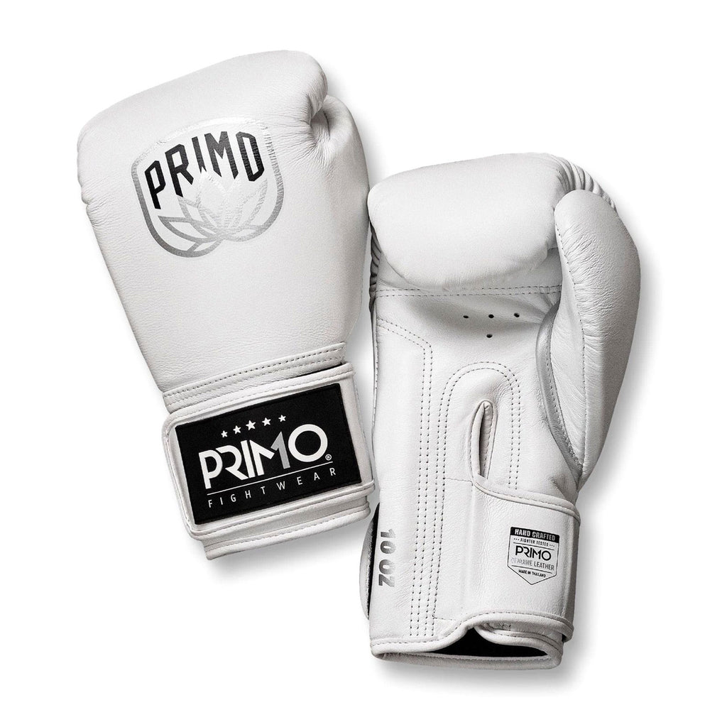 White boxing gloves with Primo Fight Wear branding on a white background