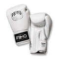 White boxing gloves with Primo Fight Wear branding on a white background