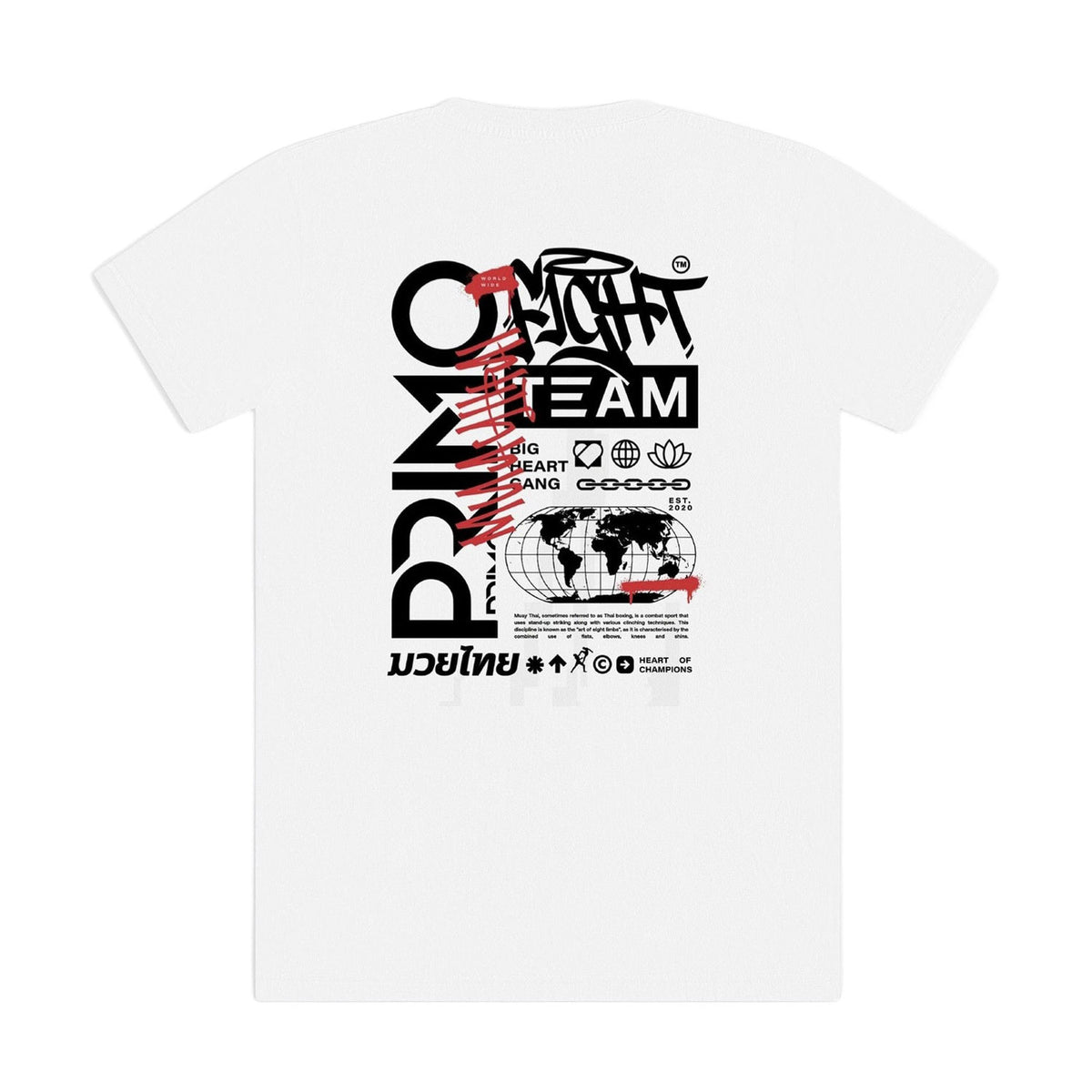 White t-shirt with black and red graphic design on a white background