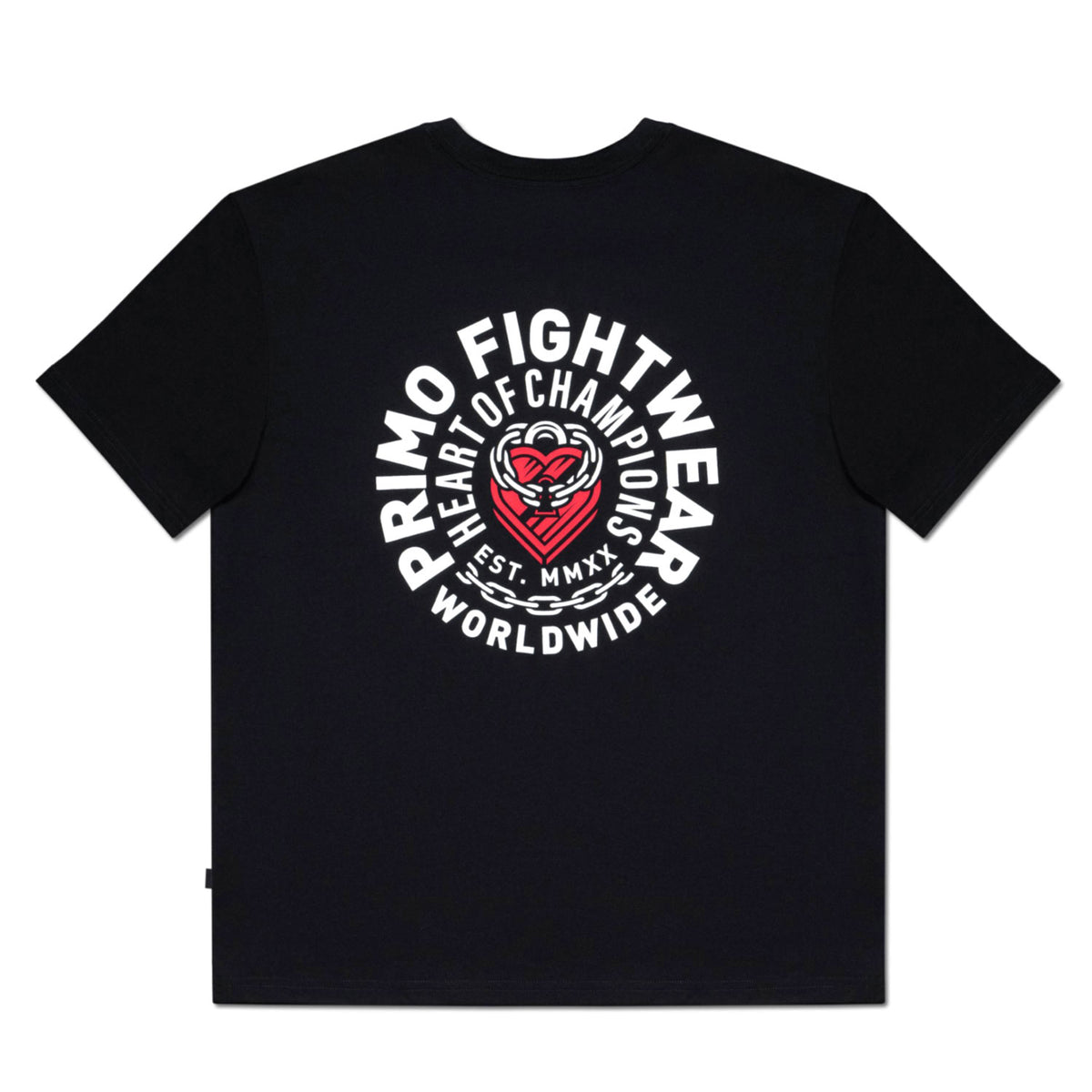 Black t-shirt with Primo Fightwear logo on a white background