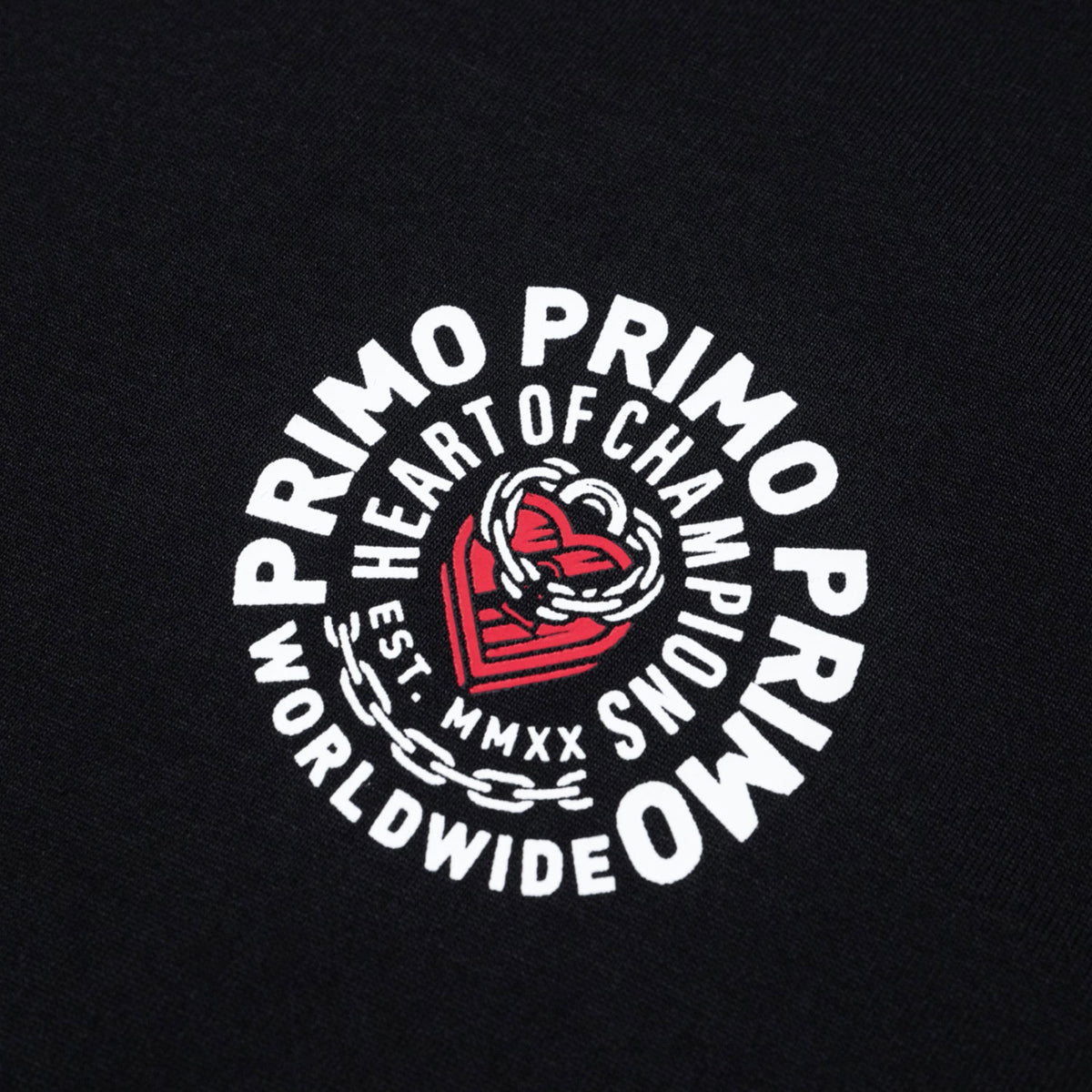 Black t-shirt with 'Primo' logo featuring a red heart and white text on a black background