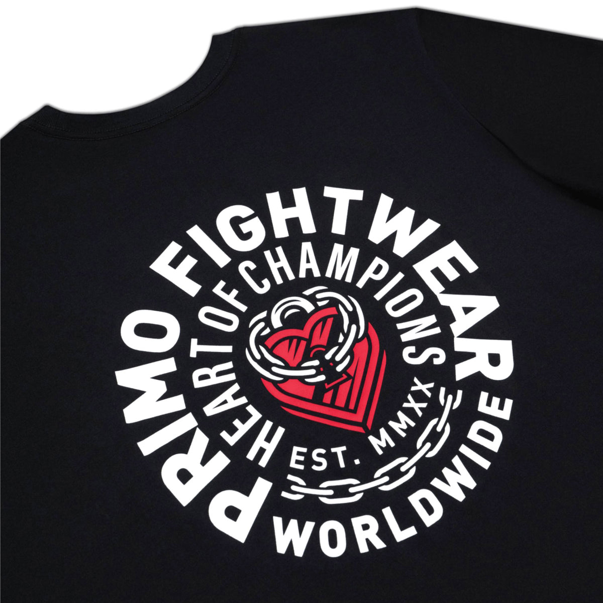 Black t-shirt with 'Primo Fightwear' logo featuring a red heart and white text on a white background.