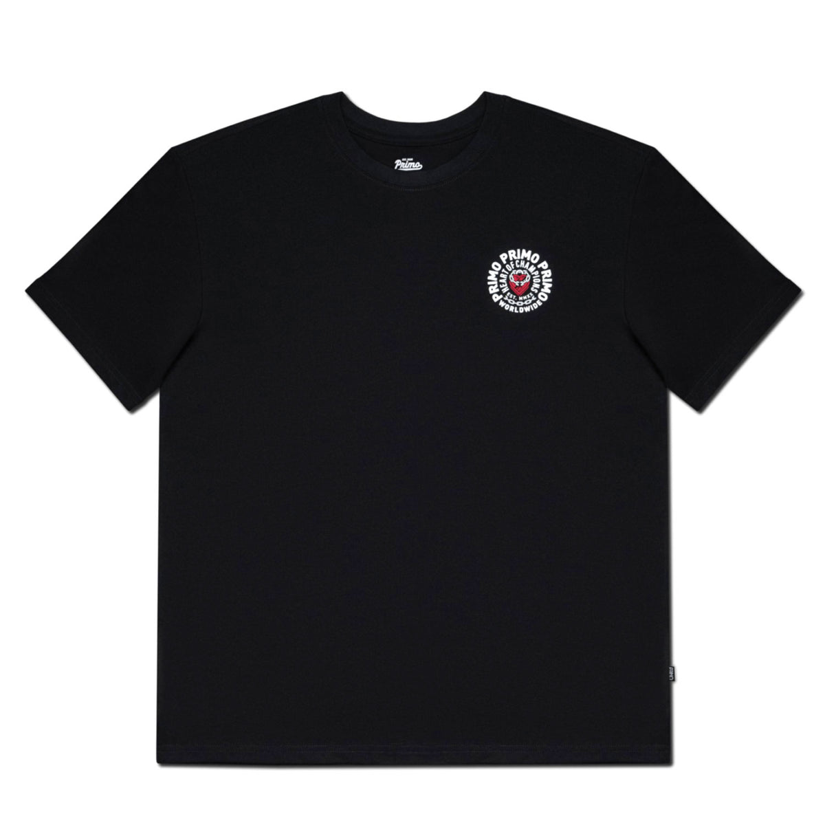Black t-shirt with a small logo on the chest against a white background