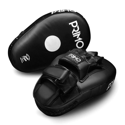 Black boxing mitts with 'Primo' branding on a white background