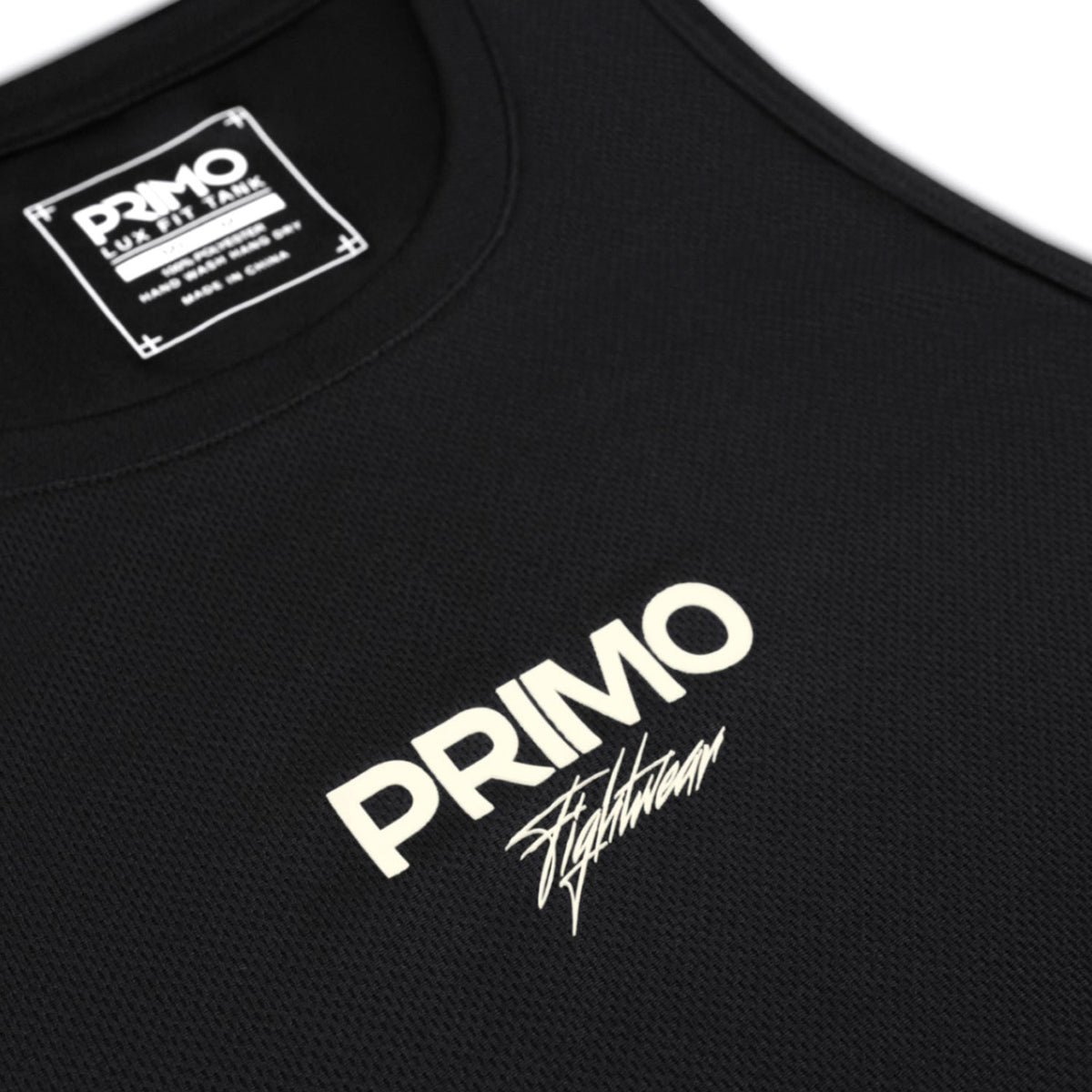 Black t-shirt with 'Primo' logo and text on a white background