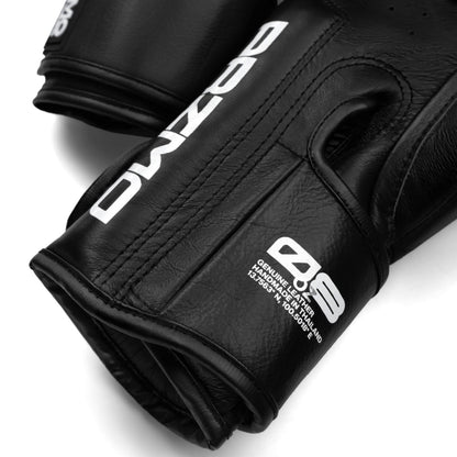 Black gloves with branding on a white background