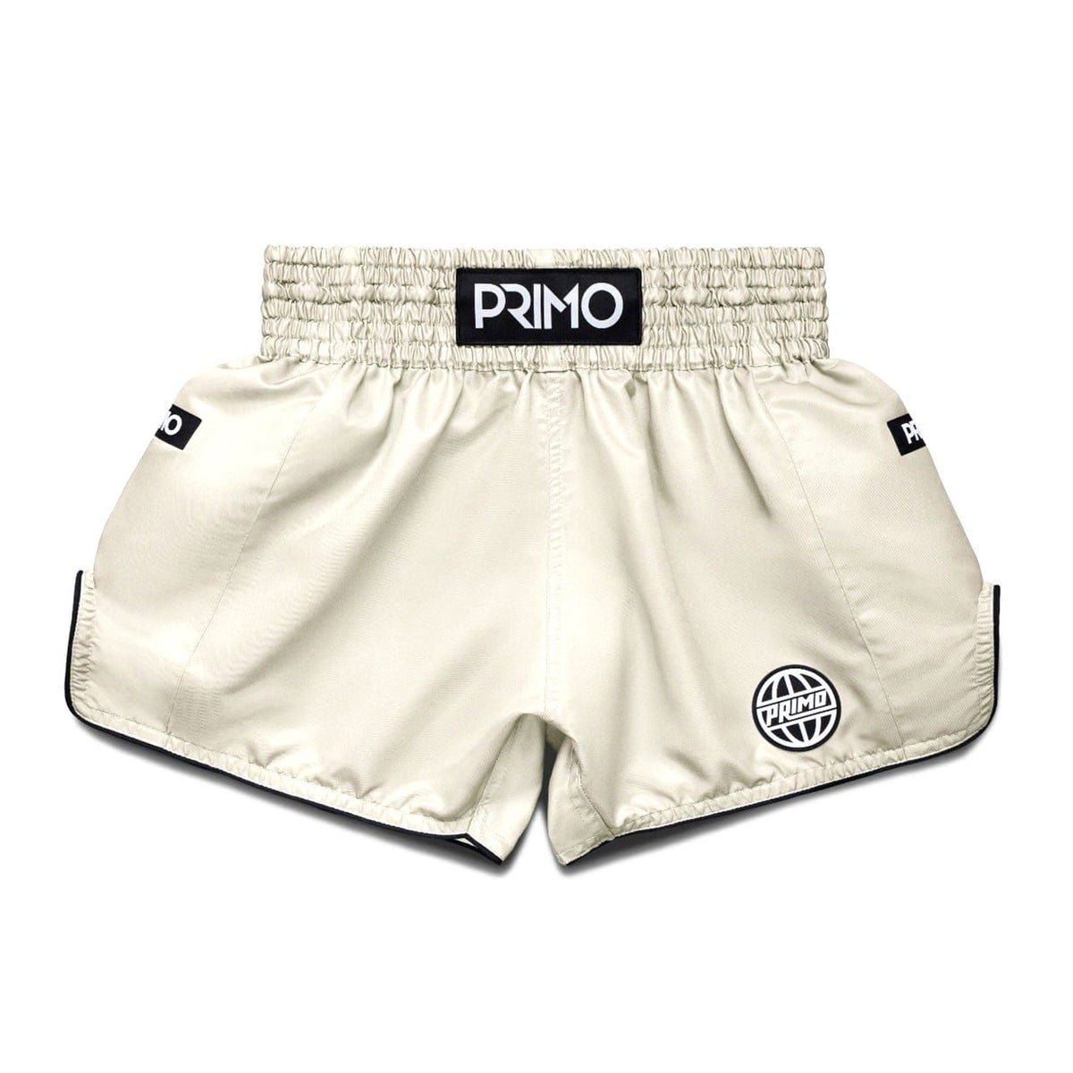 Beige boxing shorts with 'Primo' branding on a light gray background