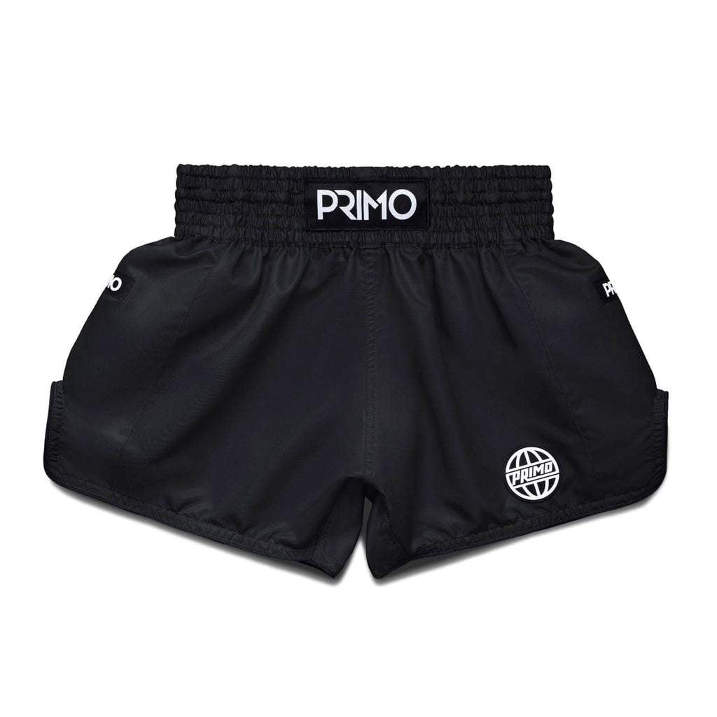 Black athletic shorts with 'Primo' branding on a white background