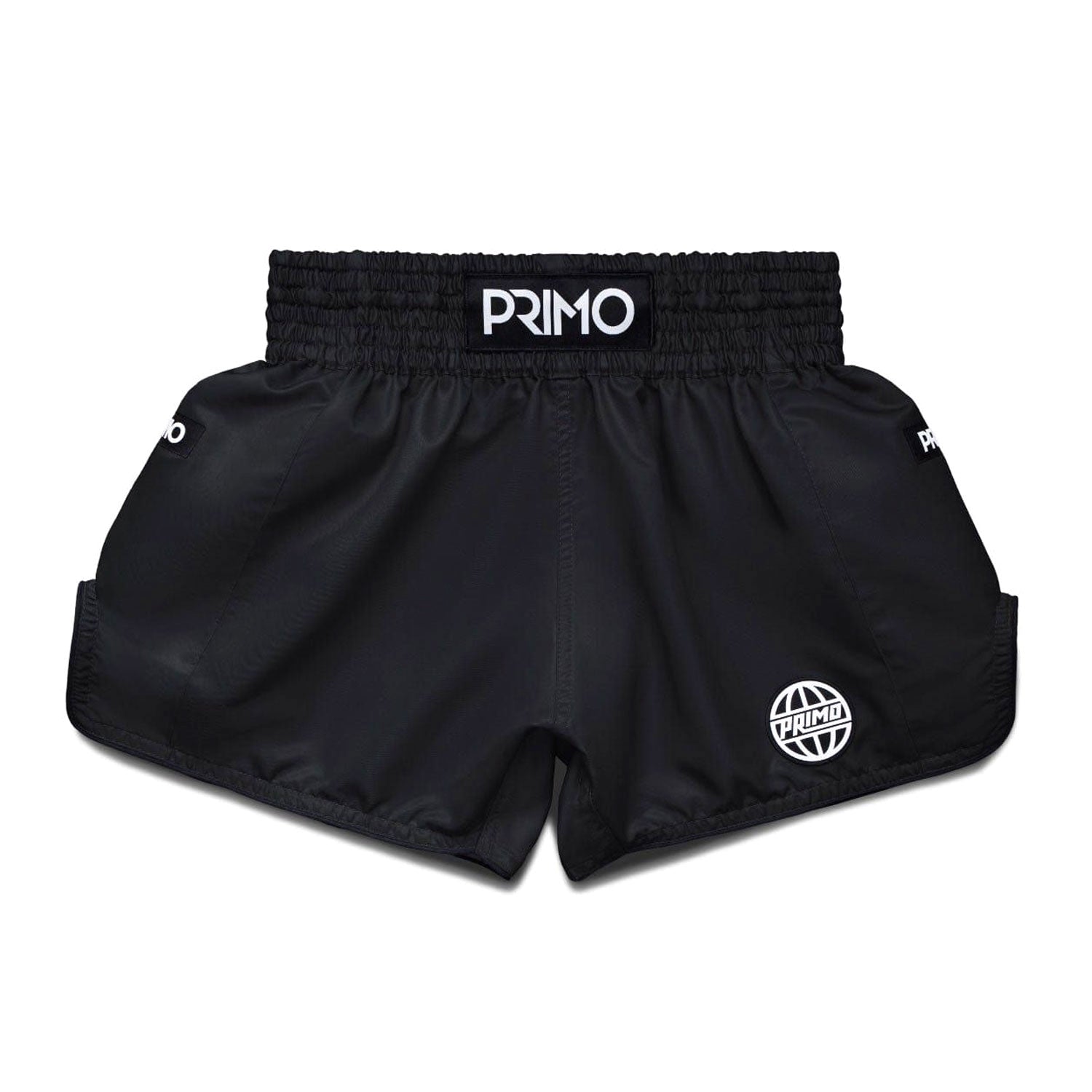 Black athletic shorts with 'Primo' branding on a white background