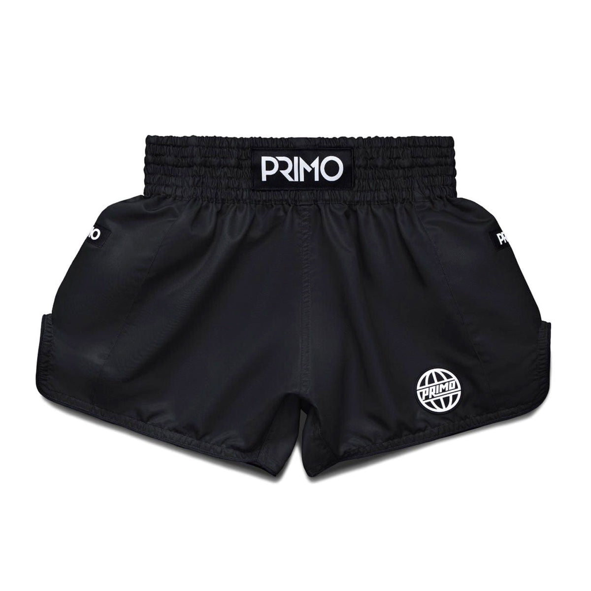 Black athletic shorts with 'Primo' branding on a white background