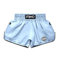 Light blue athletic shorts with 'Primo' branding on a light gray background