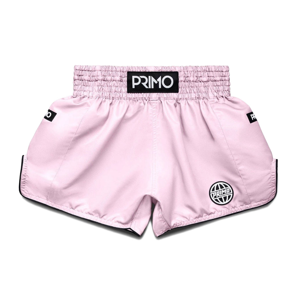 Pink boxing shorts with 'Primo' branding on a white background