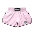 Pink boxing shorts with 'Primo' branding on a white background
