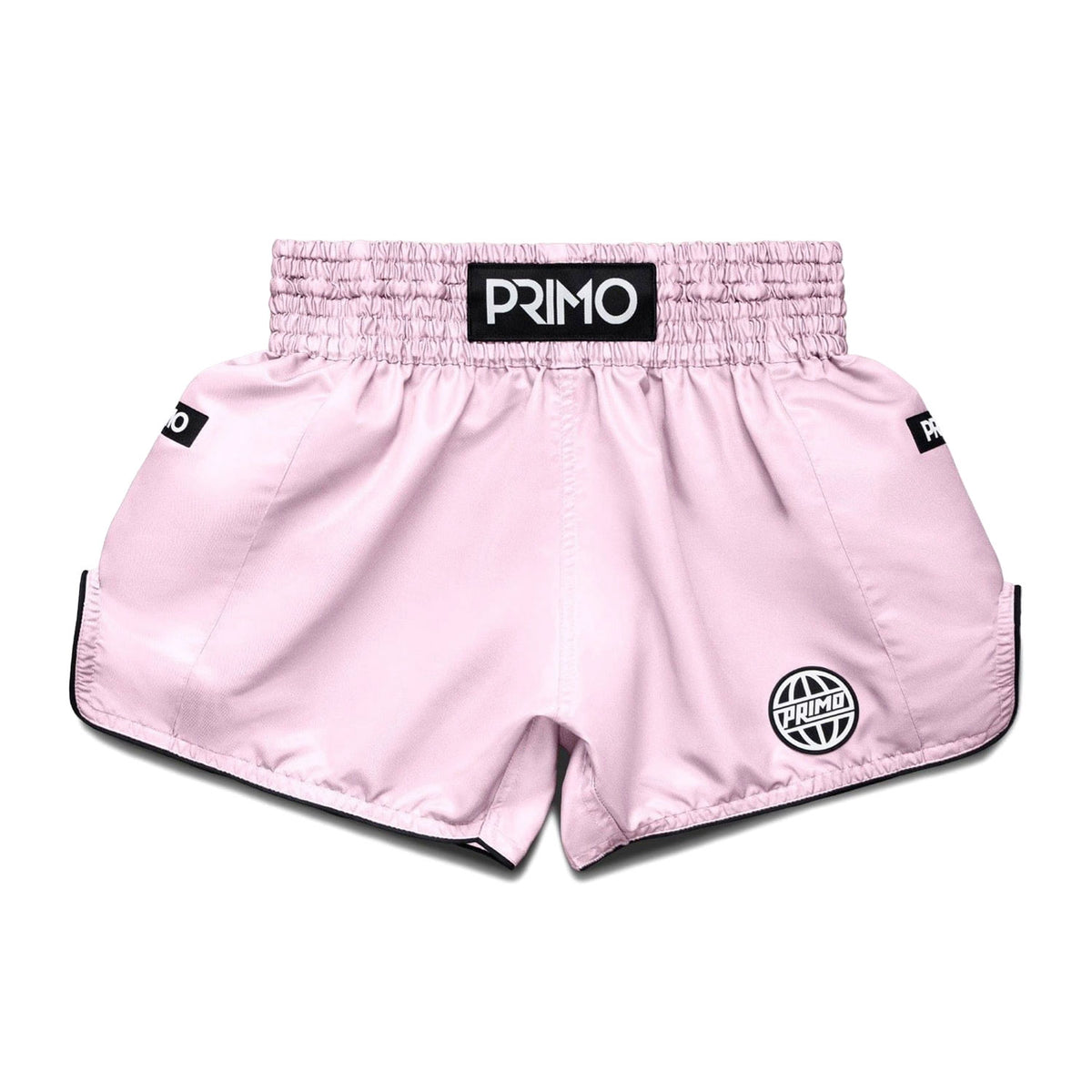 Pink boxing shorts with 'Primo' branding on a white background