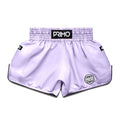 Purple boxing shorts with 'Primo' branding on a light gray background
