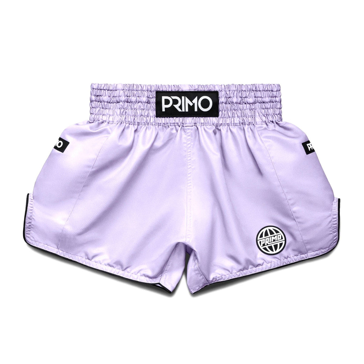 Purple boxing shorts with 'Primo' branding on a light gray background