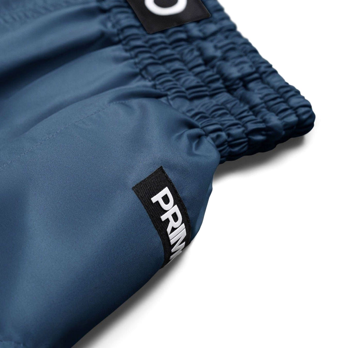 Close-up of blue shorts with a brand logo on a white background